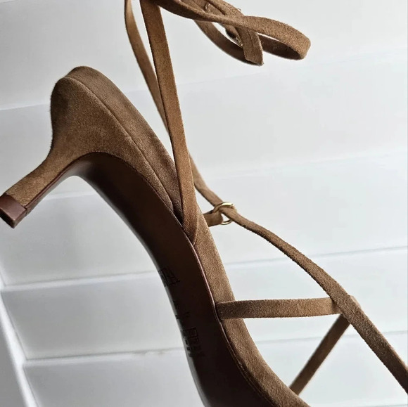 Zara Brown TAN Suede Straps Ankle Sandals Kitten Heel  Size 9 - Picture 5 of 8